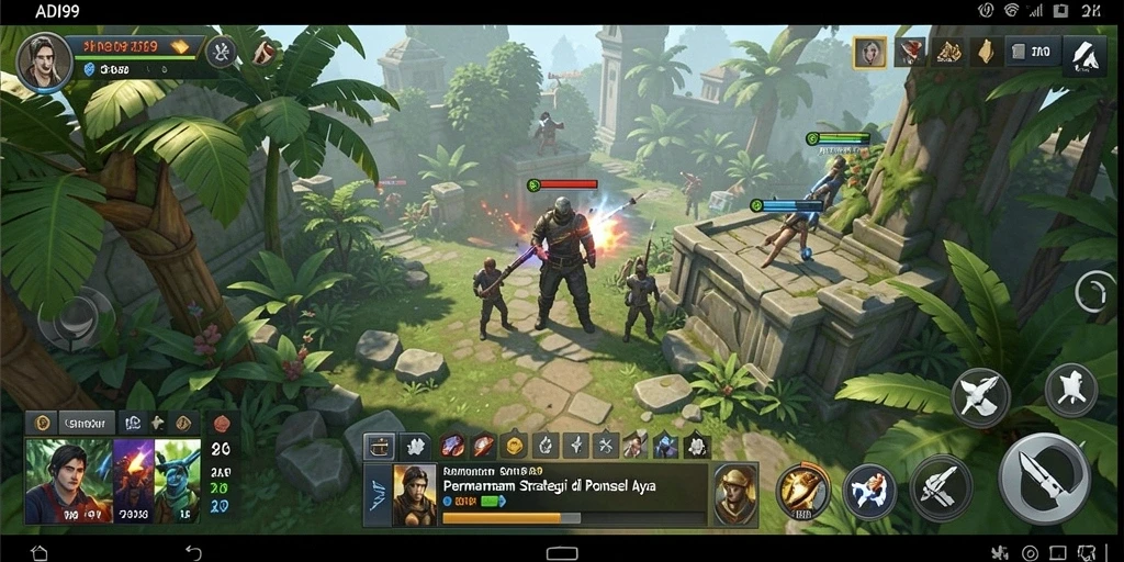 Screenshot gameplay ADI99 yang menampilkan suasana pertempuran dan pembangunan.