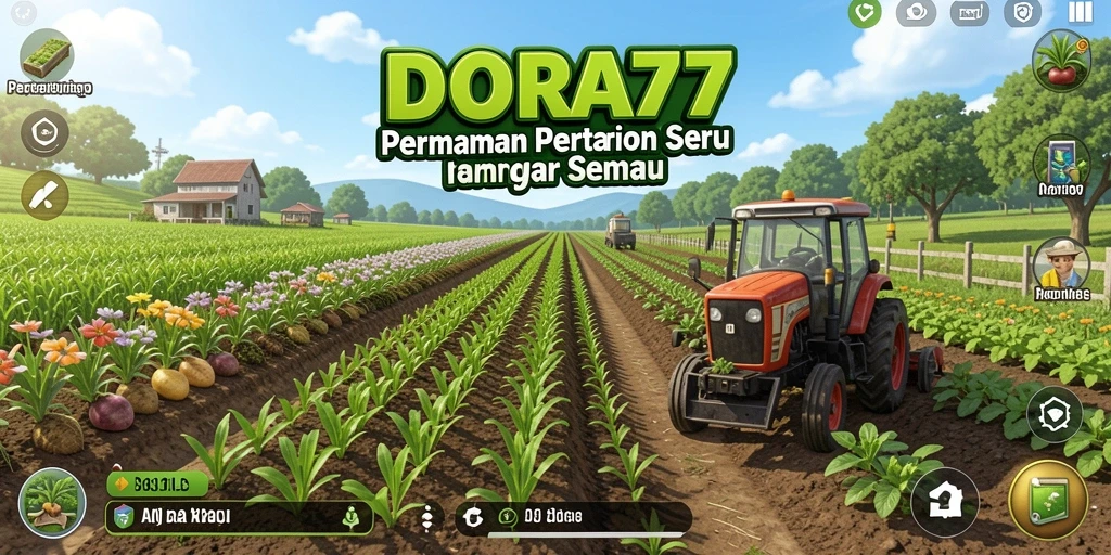 Tampilan gameplay DORA77 dengan latar pertanian yang indah.