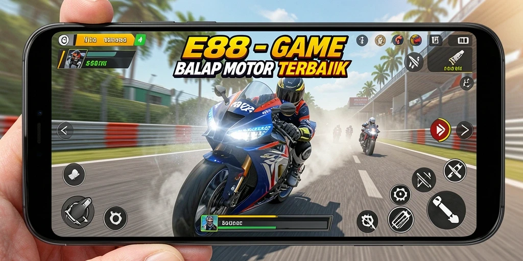 Tampilan gameplay menegangkan dalam E88 dengan motor cepat dan trek menawan.
