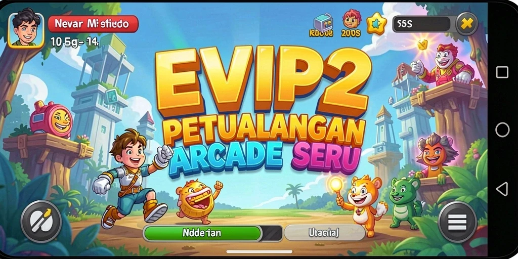 Tangkapan layar utama EVIP2 menampilkan gameplay Arcade yang seru dan dinamis.