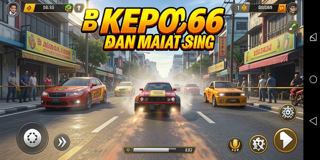 Tampilan gameplay KEPO66 dengan mobil balap melaju kencang di trek.