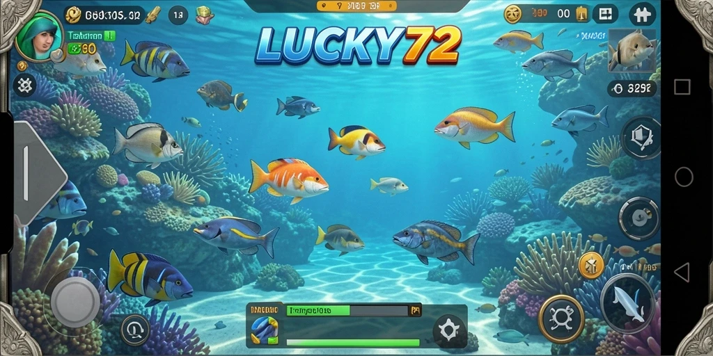 Tangkapan layar gameplay seru di LUCKY72 yang menunjukkan aksi menembak ikan.