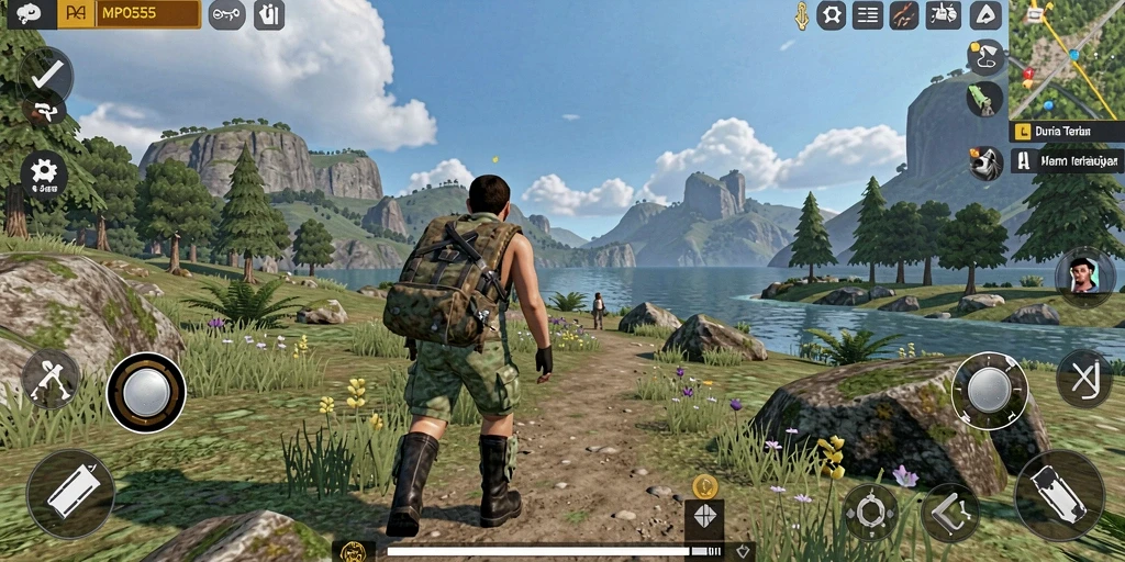 Screenshot MPO555 menampilkan aksi menjelajah di dunia terbuka.