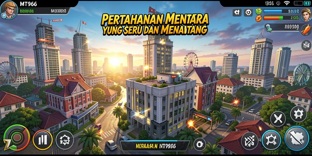 Screenshot gameplay MT966 dengan menara dan gelombang musuh.