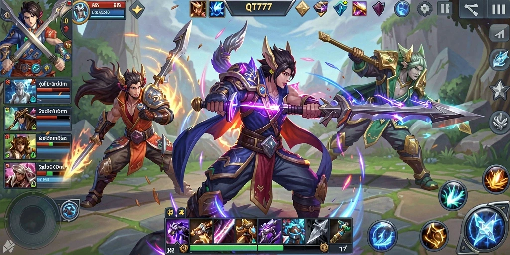 Tangkapan layar utama QT777 menampilkan aksi permainan MOBA yang intens dan seru.