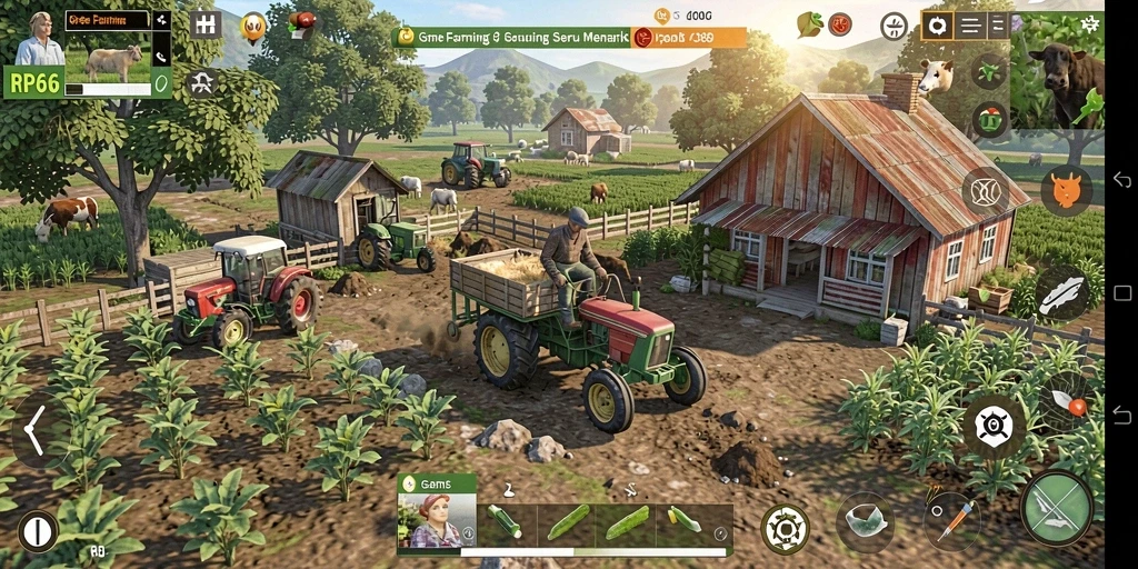 Screenshot game RP66 menampilkan aktivitas bercocok tanam dan perawatan hewan.