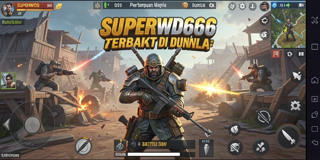 Screenshot gameplay SUPERWD666 yang menunjukkan pertempuran epik di arena.