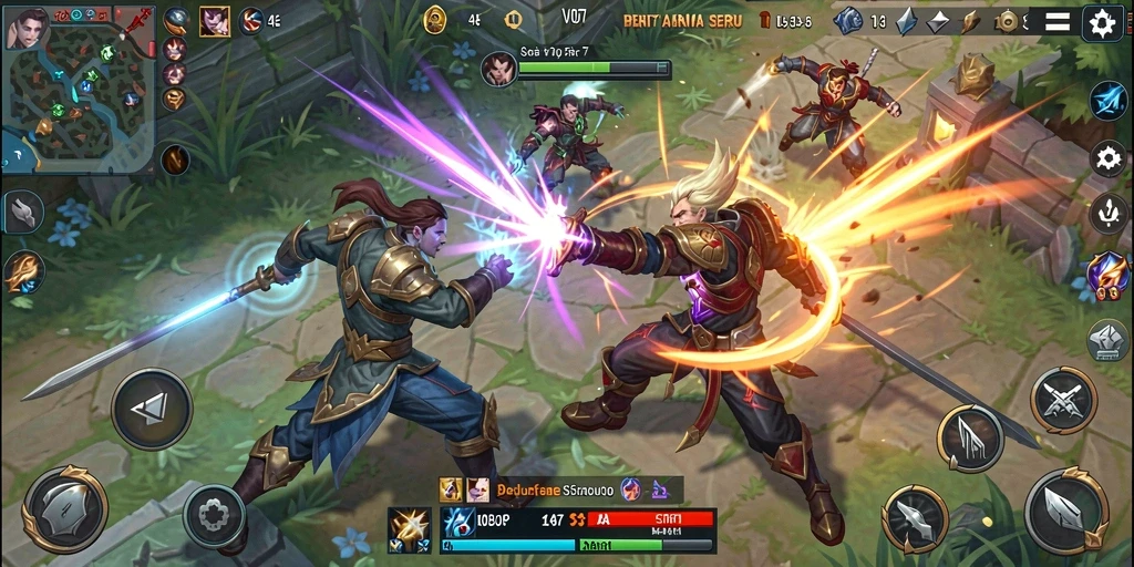 Screenshot menunjukkan aksi seru karakter dalam pertempuran MOBA.